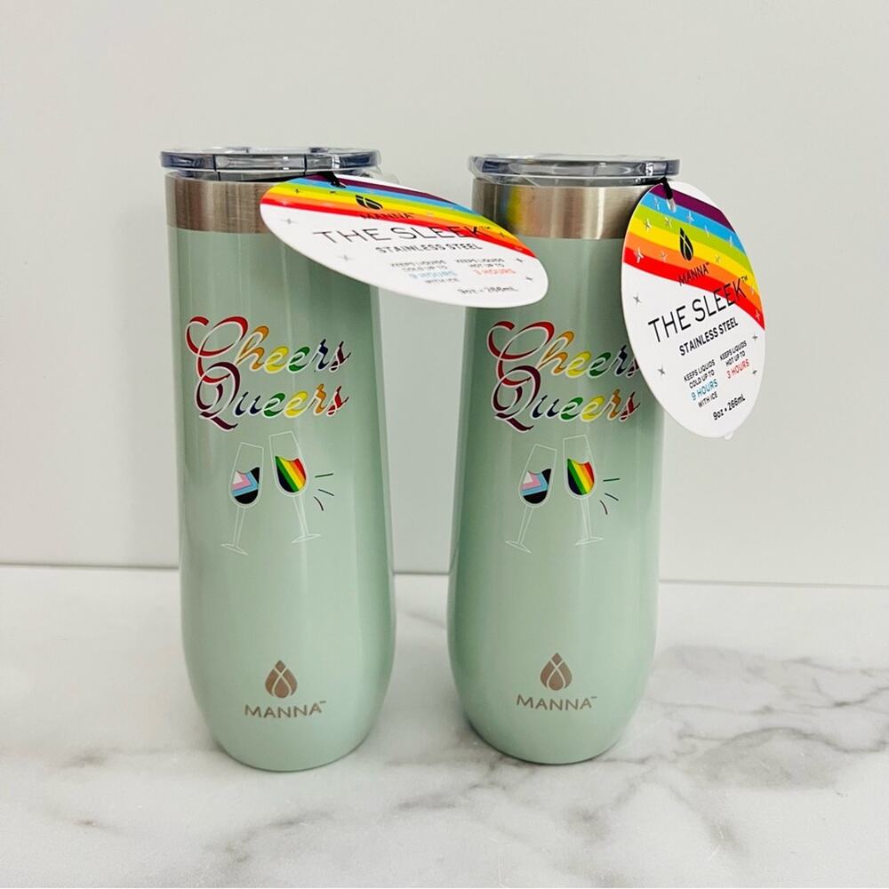 2x Manna The Sleek PRIDE Cheers Queers 9oz Champagne Flute Tumbler mint green